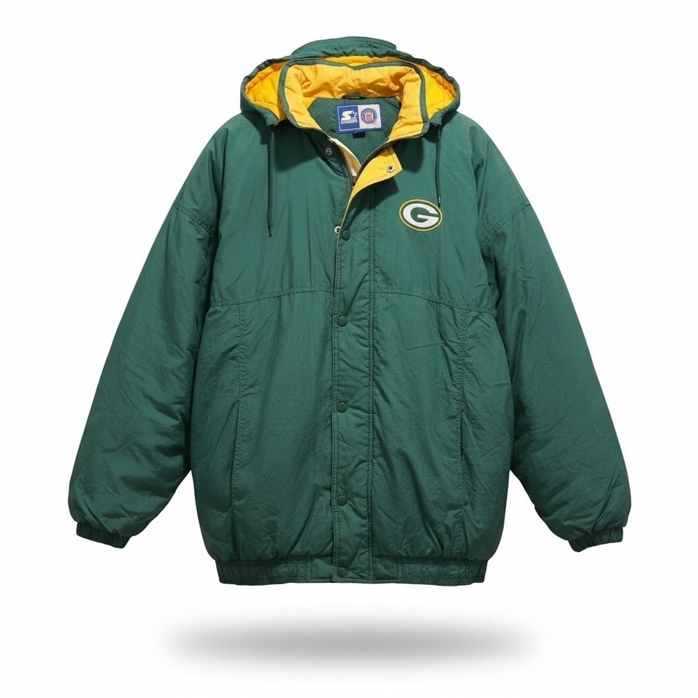 Vintage 90s Green Bay Packers‎ Starter Hooded Puffer Jacket NFL Green Mens 2XL